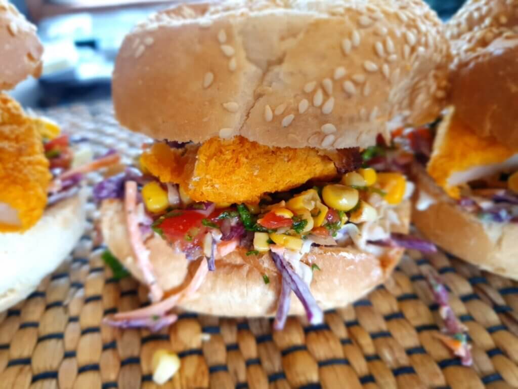 Succulent Crumbed Prawn Burger with Refreshing Corn and Tomato Salsa ...