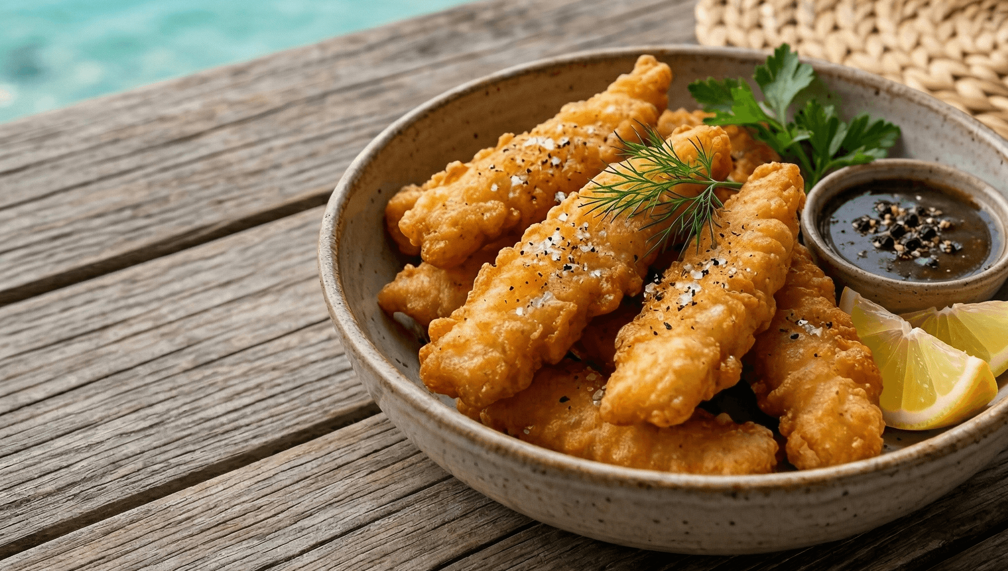 Crispy Beer Battered Snapper Strips with Aromatic Black Pepper Sauce